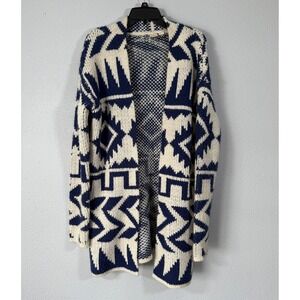 Roxy Womens Cardigan Sweater Medium M Blue Cream Aztec Tribal Knit Open Front